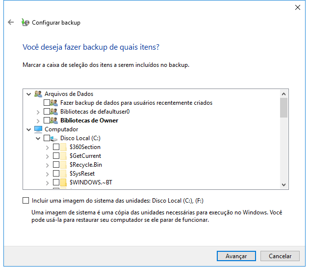 Selecione os arquivos para fazer backup automaticamente em uma unidade externa