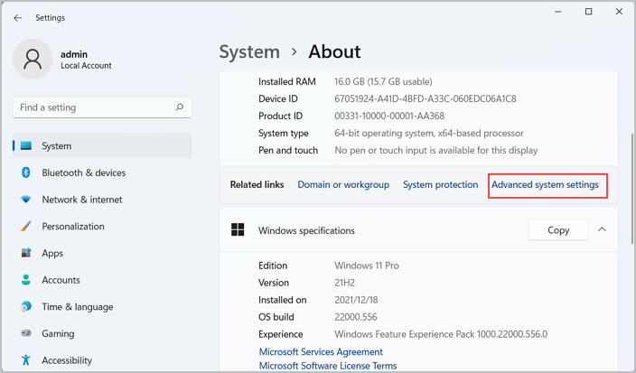 configurações avançadas do sistema
