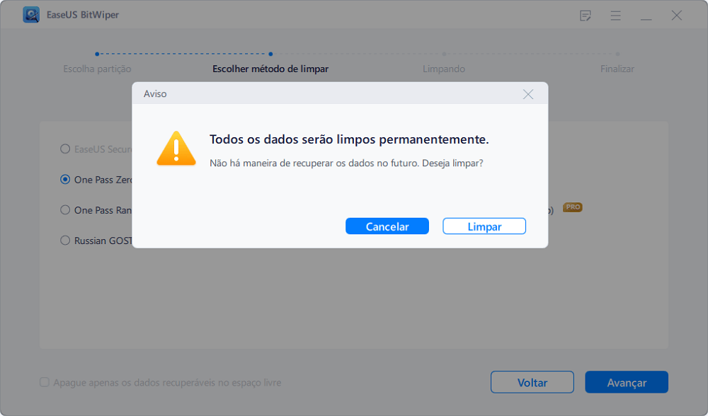 Confirme para limpar a partição