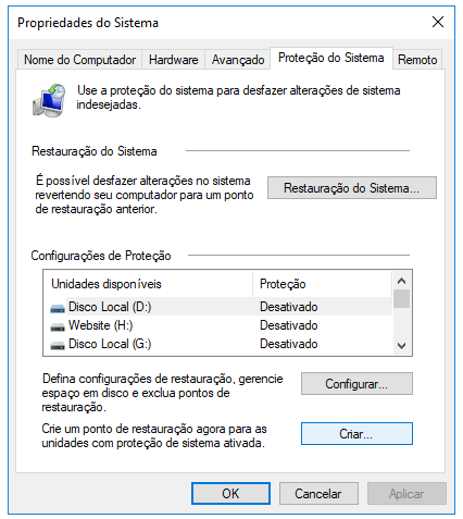 Crie um ponto de restauração do sistema