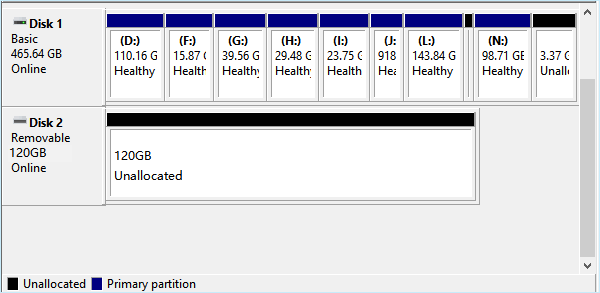 Volume excluído no disco portátil no Windows 10.