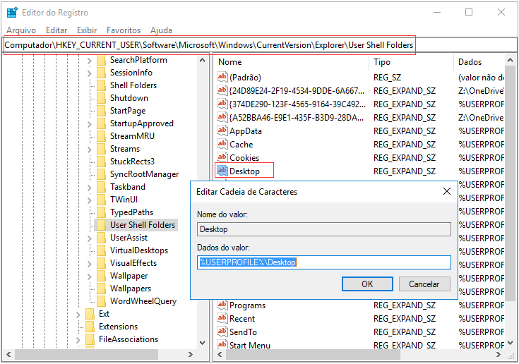 insira os dados de valor do desktop
