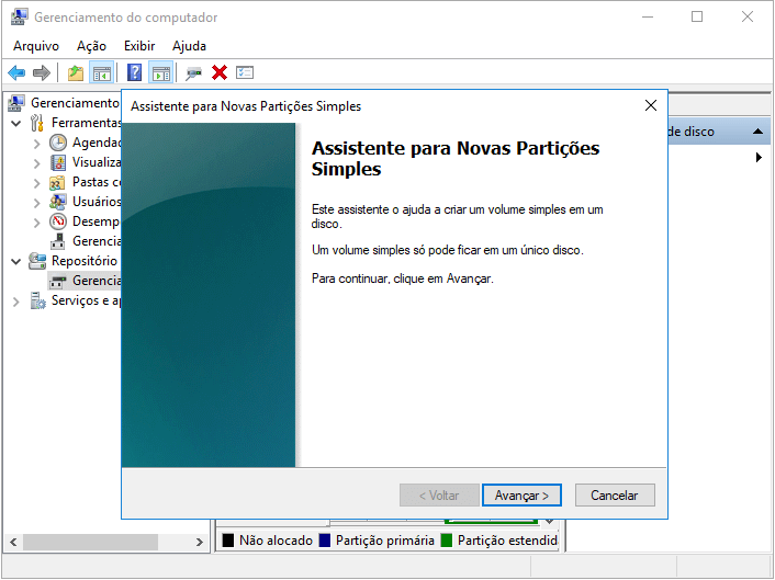 Crie um volume no Gerenciamento de disco