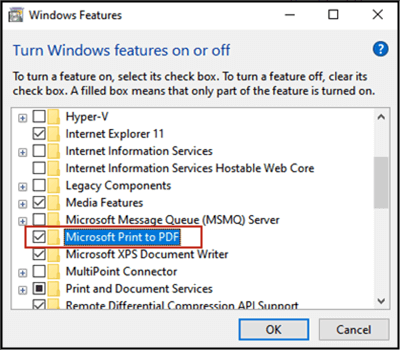 encontre microsoft print to pdf em recursos do Windows