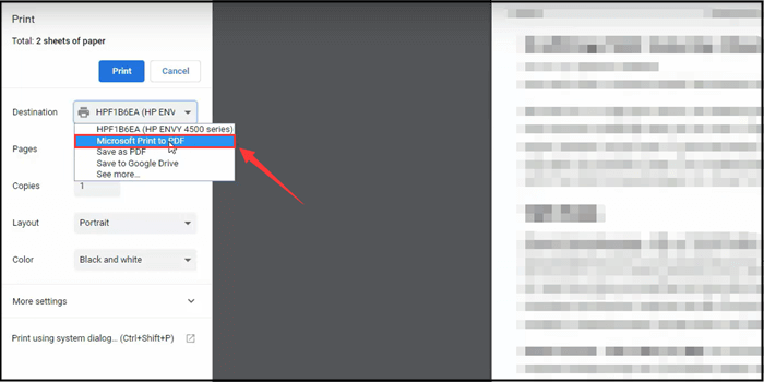 escolha microsoft print to pdf com destino