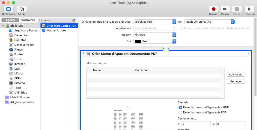 automator adicionar marca d'água em pdf