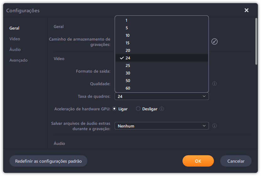 configurações de gravação do jogo