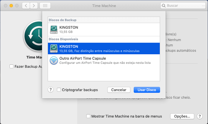 Defina o local de backup no Mac com o Time Machine.