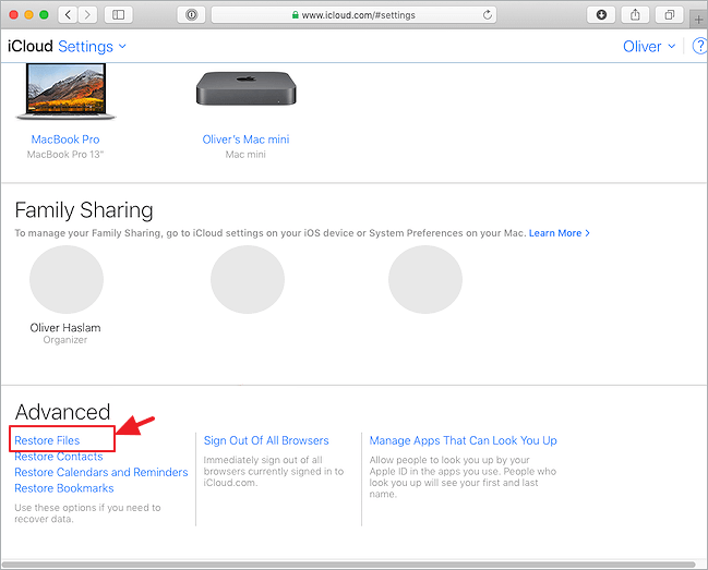 restaurar arquivos no iCloud
