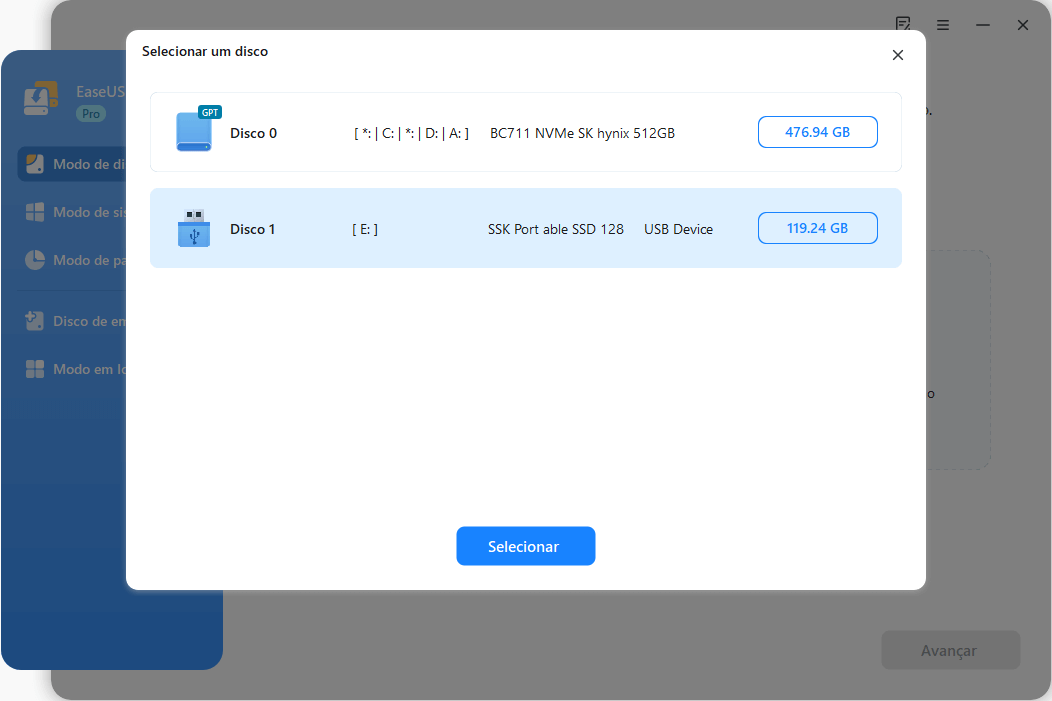 selecionar pen drive de origem