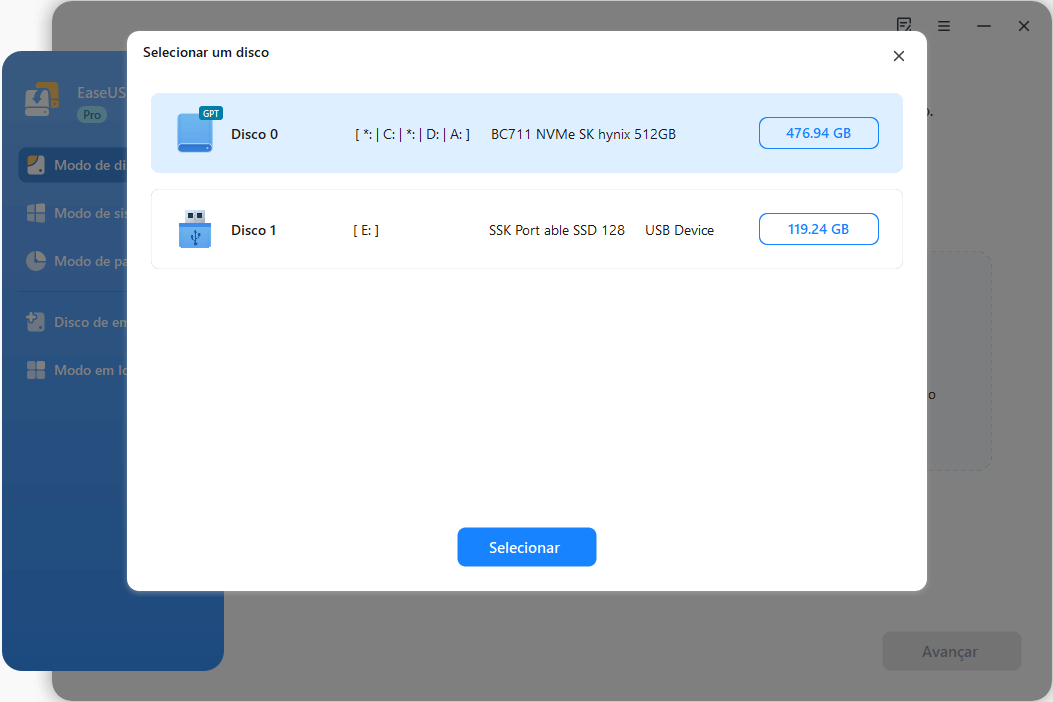 selecionar o disco de destino
