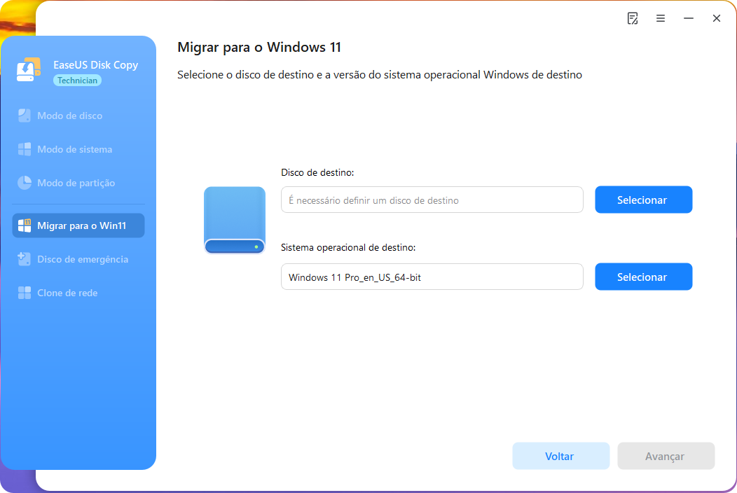 selecione disco de destino e sistema