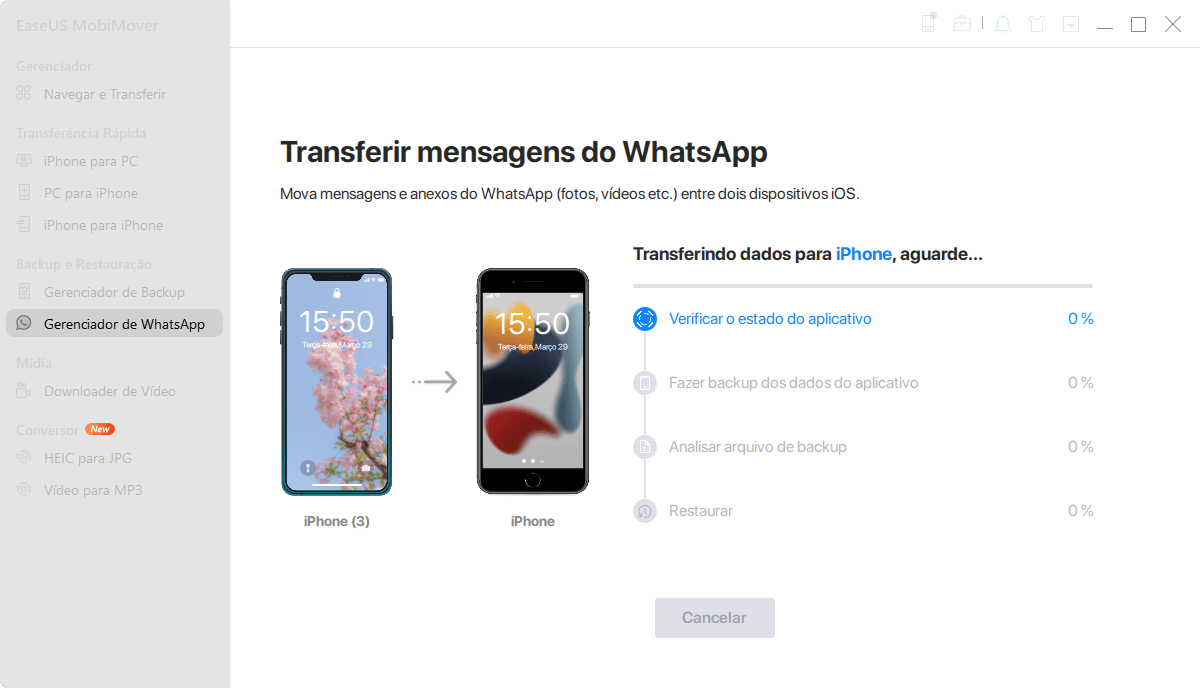 Transferir WhatsApp de iPhone para iPhone - processo de transferência