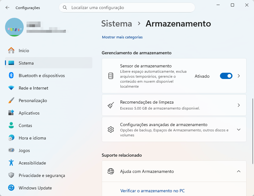 Ativar sensor de armazenamento