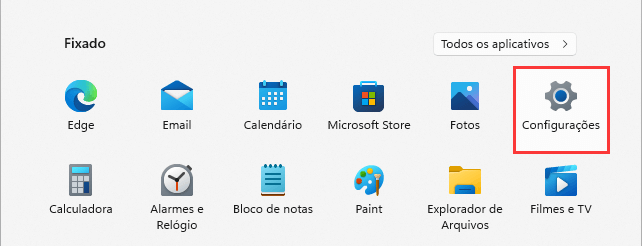 clique em configurações no menu iniciar