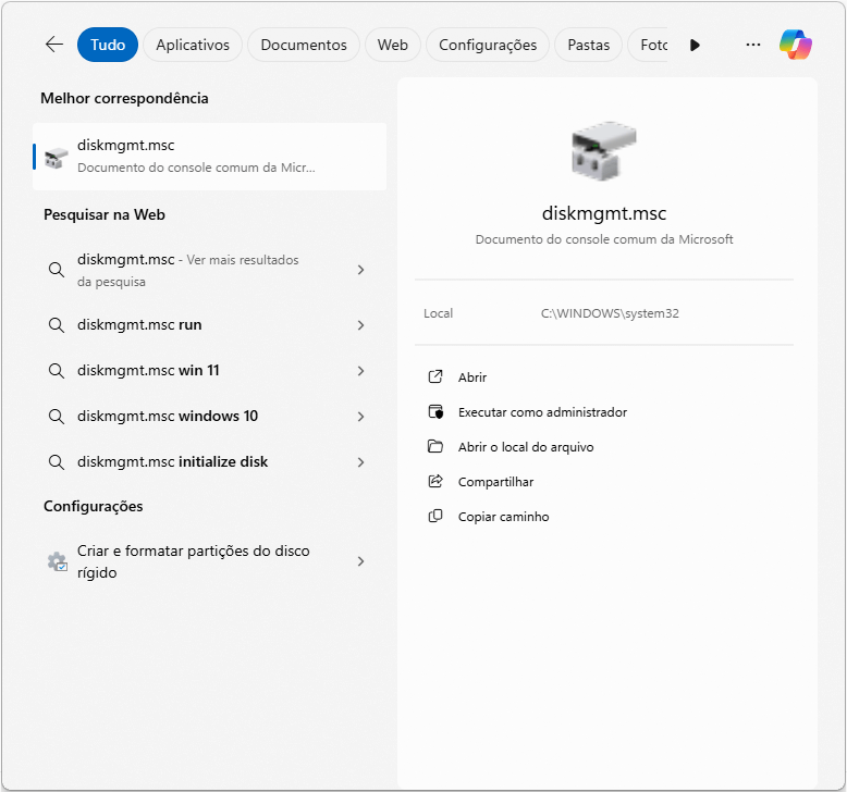 diskmgmt.msc no Menu Iniciar