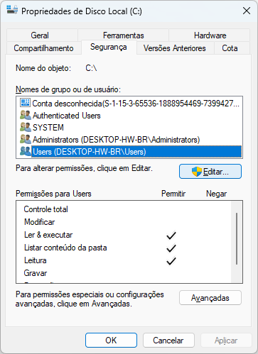 dar permissão total para disco local c