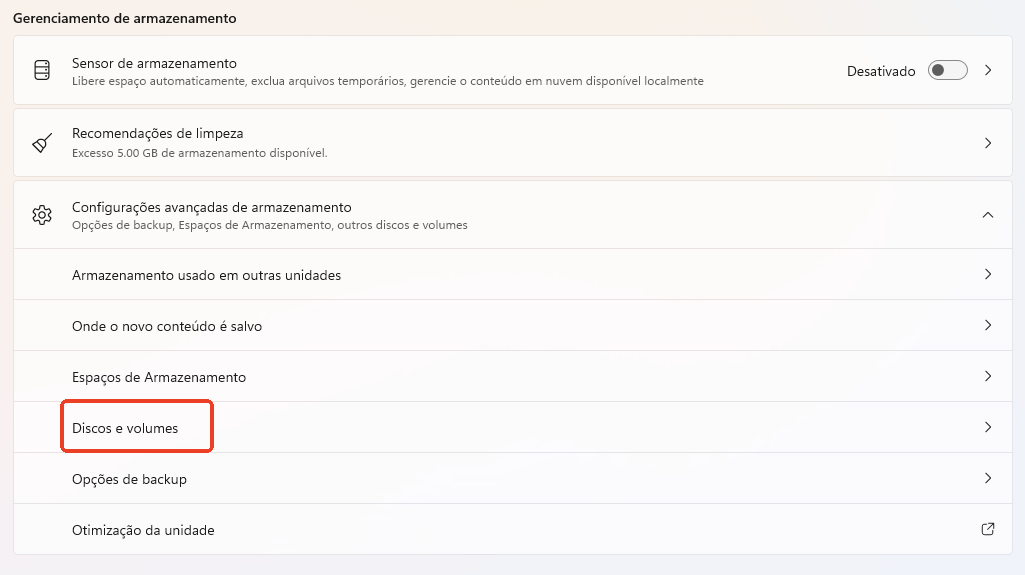 gerenciar discos e volumes