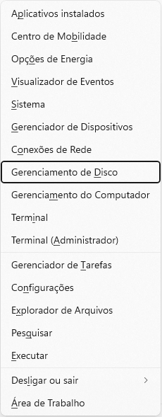 Abrir Gerenciamento de Discos pelo menu de acesso rápido