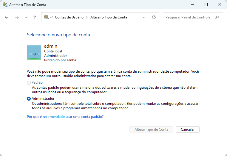 pressione alterar tipo de conta