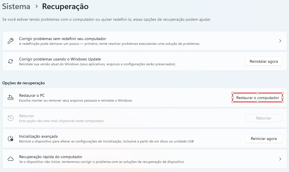 Restaurar o computador