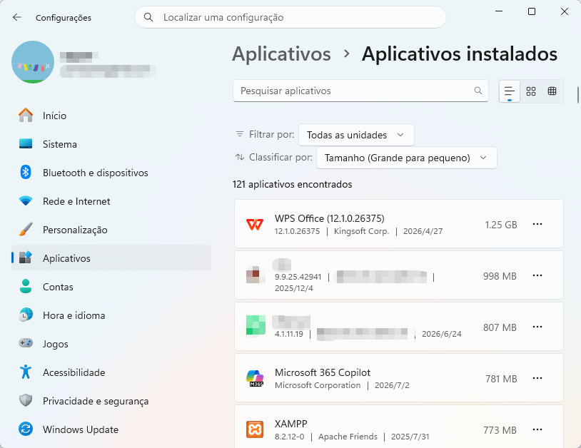 configurações aplicativos instalados