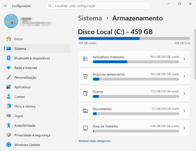 configurações do sistema de armazenamento