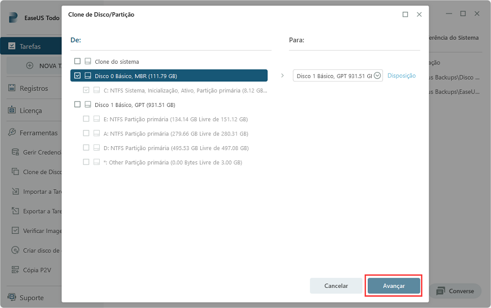 Visualize o disco de origem e o disco de destino após a clonagem do disco rígido do servidor