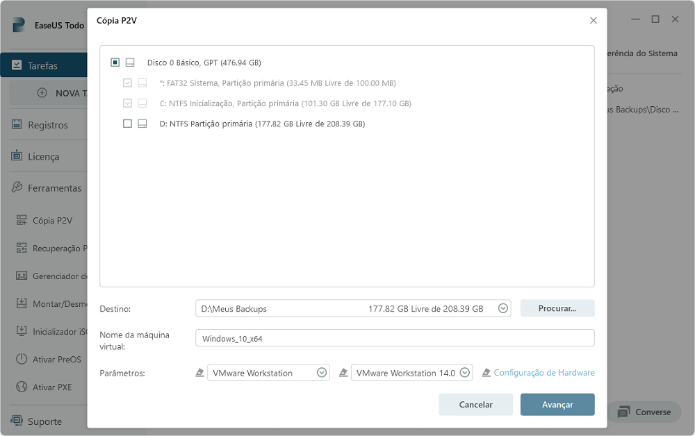 Selecione o disco ou partição quando empregar a boa solução de P2V