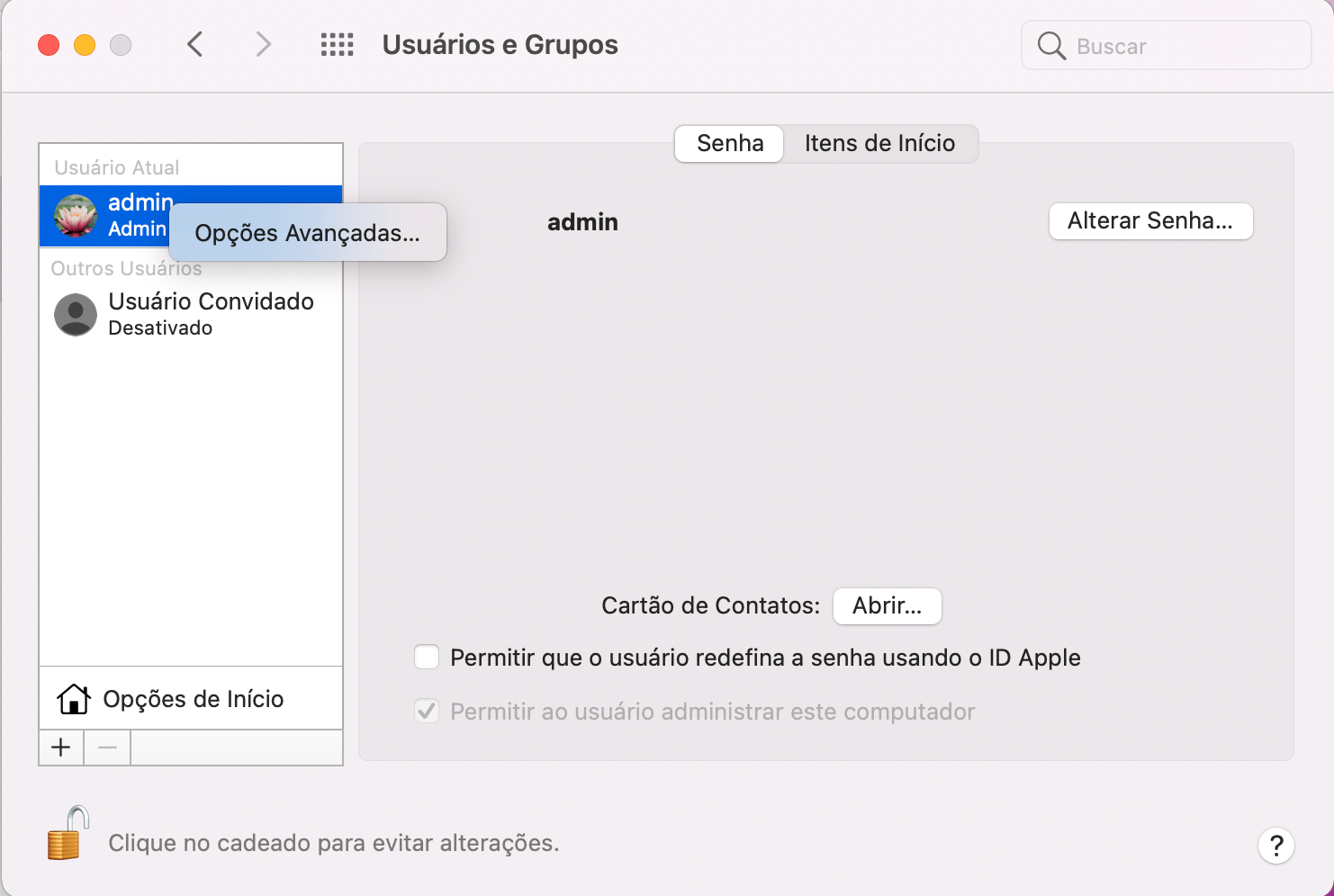 clicar em opção avançada