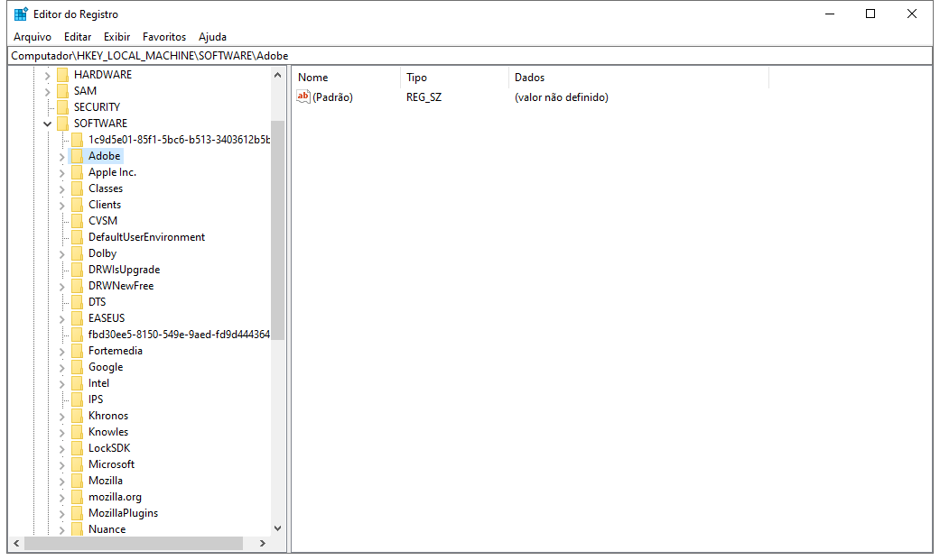 vá para o registro e encontre a chave adobe
