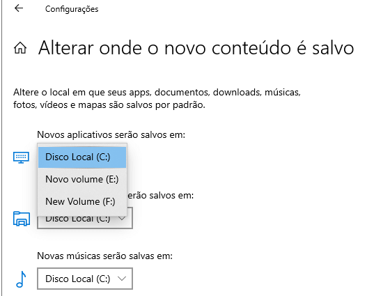 definir o local de download desejado para cada categoria