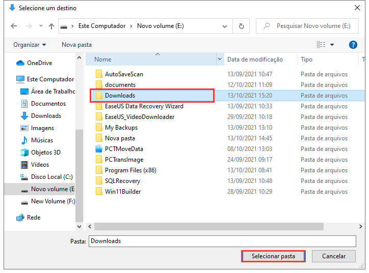 tocar em opção de selecionar pasta