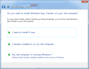 Windows Easy Transfer pede para instalar um no computador antigo.