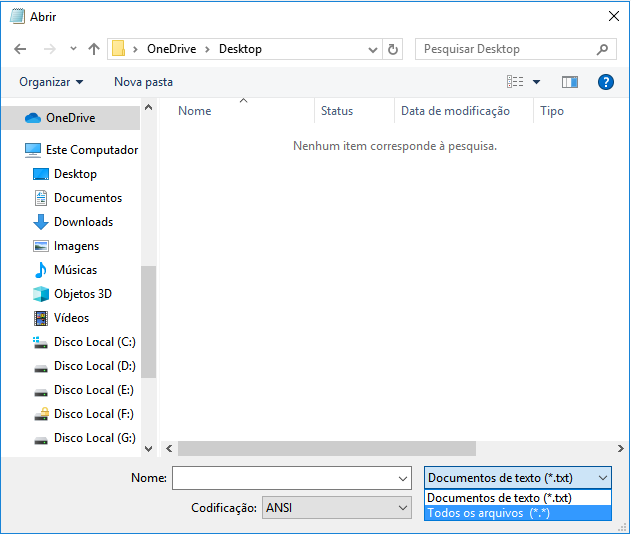 Alterne o tipo de arquivo para todos os arquivos para mostrar todos os arquivos no disco rígido do Windows.