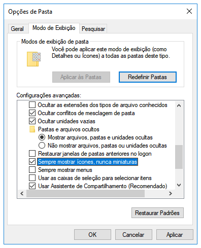 Corrigir o Windows Explorer parou de funcionar - Mostrar ícones, nunca miniaturas
