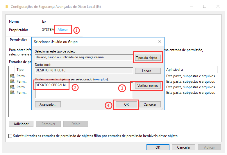 Altere o proprietário para assumir a propriedade dos arquivos ou pastas de destino.