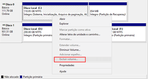 Não é possível excluir a partição do sistema EFI.