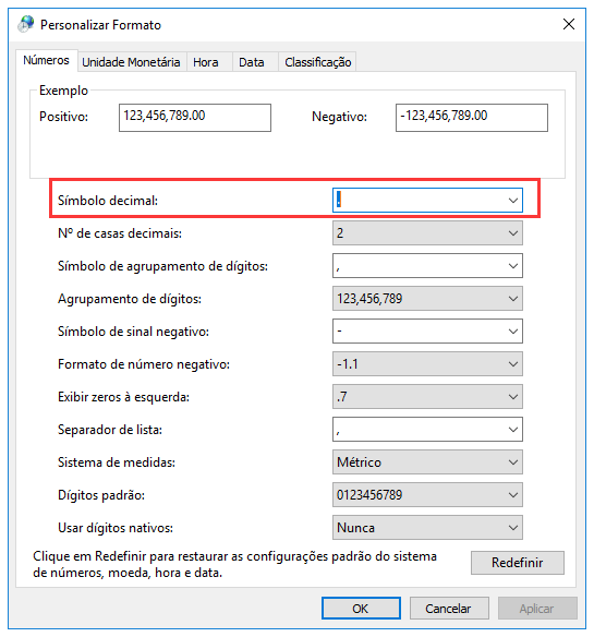Alterar configurações de símbolo decimal