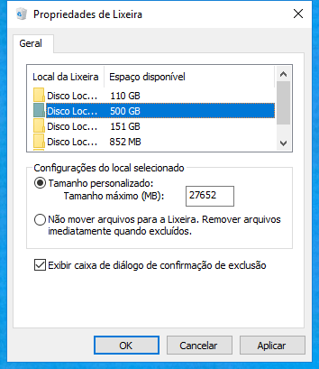 personalizar propriedades da lixeira