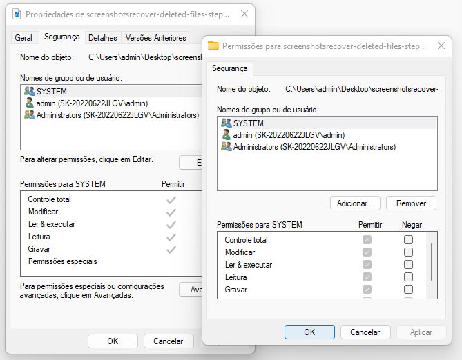 Corrigir erro não especificado - alterar permissão