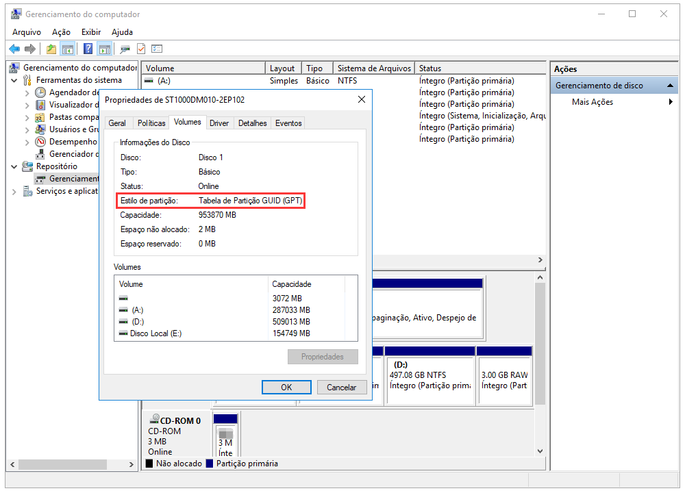 verifique o estilo da partição