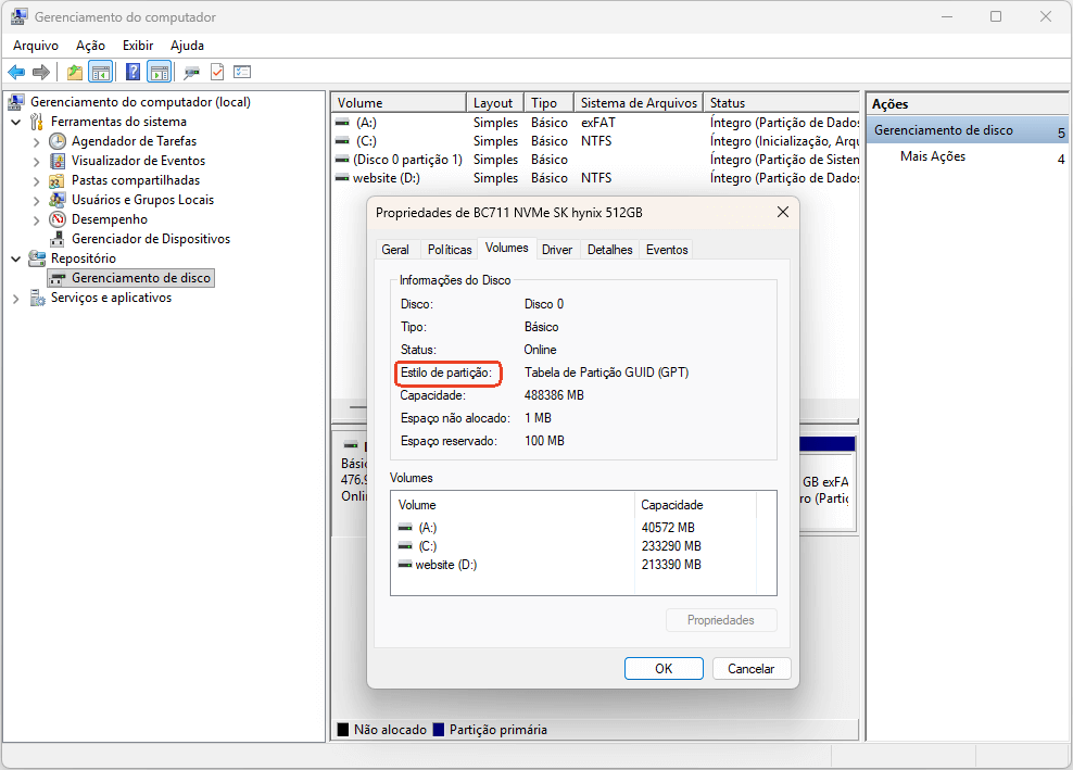 Verifique o estilo de partição do HD ou SSD