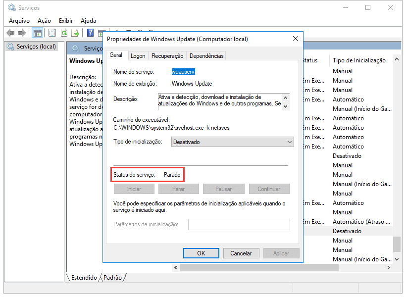 verifique o status do Windows Update