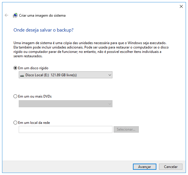 Onde salvar a imagem de backup