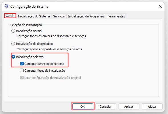 configuração do sistema de inicialização limpa