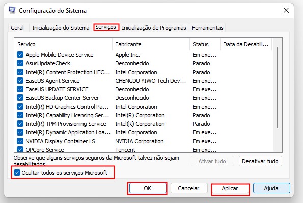 ocultar todos os serviços da microsoft