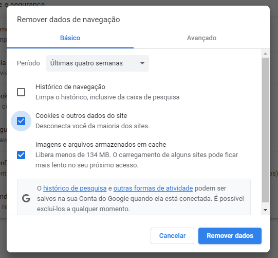 clique em limpar histórico