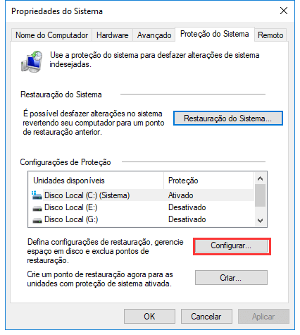 ativar a proteção do sistema.