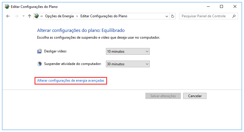 alterar configurações avançadas de energia no painel de controle